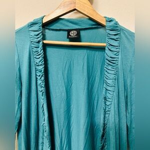 Bobeau Teal Ruffled Cardigan